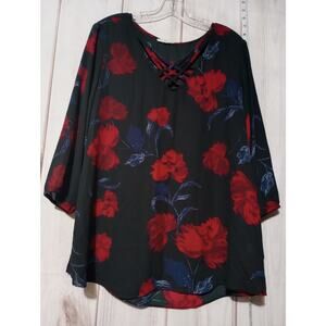 Maurices Blouse Womens XL‎ Black Red Floral Chiffon Crisscross Semi Sheer Top